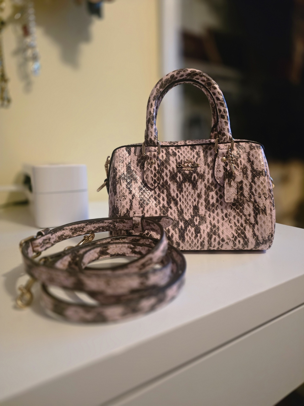 Coach Pink Snake-Print Mini Satchel with Gold-Tone Hardware